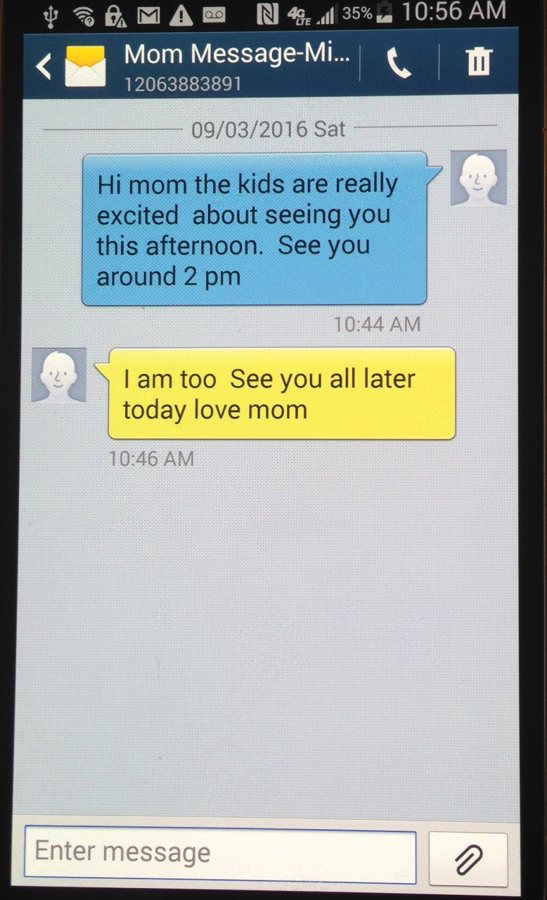 Text conversation on a phone showing the sent reminder and a reply from Mom: I am too. See you all later today love mom